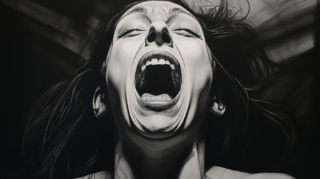 a black and white drawing of a woman screaming her lungs out, created in the style of realistic oil paintings by michael page. this artwork showcases hyper-detail and a strong emotional impact. the woman's strong facial expression conveys a sense of intense emotion, while the use of cyclorama adds depth to the composition. this piece combines elements of happy expressionism with a realistic approach. aiの素材