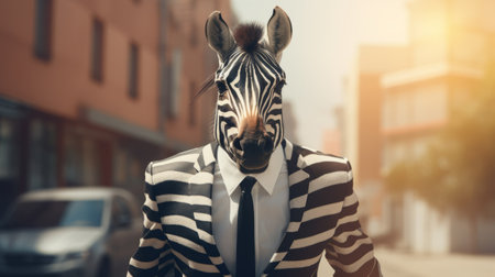 a business person in a suit walks confidently on a street, sporting a zebra on their head. this unique image combines elements of cybermysticpunk and edgy political commentary, with a touch of graphic design influence. the depiction of animals, particularly the zebra, adds an intriguing twist. the striped arrangements and ethical concerns are evident in this thought-provoking photo. explore this captivating visual on sketchfab. aiの素材