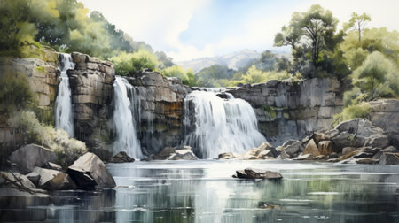a simple and realistic watercolor drawing of a waterfall painting, inspired by the style of rural china. this artwork showcases high detail, smooth and shiny textures, and hyper-detailed renderings. the use of vray enhances the photo-realistic landscapes and environmental portraiture. ai generatedの素材