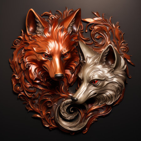 a 3d illustration artwork of a fox, showcasing a baroque-inspired style with ornate and dramatic compositions. the artwork features a combination of light red and dark bronze tones, layered portraits, and symbolic figures. created using aluminum, the piece explores the contrast between raw and finished elements, evoking a sense of tattoo-like aesthetics. ai generatedの素材