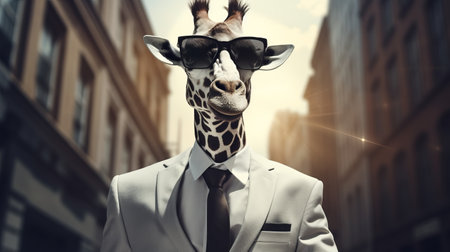 a stylish giraffe dressed in a black and white suit, complete with a tie, sunglasses, and polished shoes. this photorealistic image captures the giraffe in a walking position, exuding a cute yet boss-like demeanor. the depth of field, cinematic lighting, and ultra hd quality make this 32k photo truly remarkable. ai generatedの素材