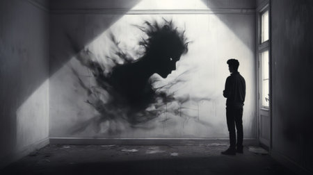 an unidentified man stands in front of a mesmerizing shadow painting, showcasing the captivating style of illusionary spray paint art. the artwork features black and white realism, skillfully depicting trapped emotions and swirling vortexes within dark and moody landscapes. the hyperrealistic murals beautifully capture flowing silhouettes, creating a visually stunning experience. ai generatedの素材