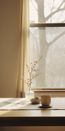 a minimalistic japanese-style table in black and beige is placed next to a window, creating a whimsical ambiance. the still life composition is sparse and simple, with subtle and whimsical folk-inspired elements. this captivating photo, captured by an interior design photographer using a canon eos r5, showcases intricate details of the objects. the film grain and cinemotographic quality add a realistic touch to this 32kの素材