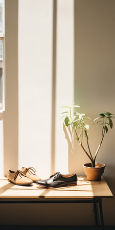 a shoe placed on a suede table near a window, showcasing a minimalistic japanese style. the black and beige color scheme creates a whimsical ambiance in this minimalist still life. the composition is sparse and simple, with subtle and whimsical folk-inspired elements. this photograph, captured by an interior design photographer using a canon eos r5, exhibits a lot of detail in the objects. the useの素材
