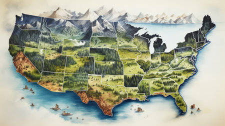 an american map showcasing breathtaking mountains and stunning natural landscapes, captured in a high-resolution image. this artwork, inspired by the style of claudia tremblay and robert bechtle, exhibits a hyper-detailed and realistic rendering. the photo, reminiscent of the work of the associated press, beautifully portrays the sea and coast. the intricate character design adds an eerily realistic touch to this captivating composition. ai generatedの素材