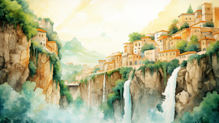 a watercolor painting of a valley adorned with vibrant water lilies and a cascading waterfall. this artwork is inspired by the roman art and architecture, showcasing dreamlike cityscapes. the style is reminiscent of jean giraud's detailed character illustrations, featuring pixelated landscapes. the high resolution of the painting beautifully captures the serene faces of the subjects. ai generatedの素材