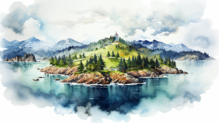 an isolated watercolor painting featuring a picturesque island and majestic mountains, with a serene sea in the background. this artwork captures the essence of cabincore and seamlessly blends the beauty of nature with urban elements. the detailed character illustrations add a whimsical touch to the wilderness, reminiscent of the renowned northwest school. a hyper-realistic watercolor masterpiece that could grace the pages of national geographic. aiの素材