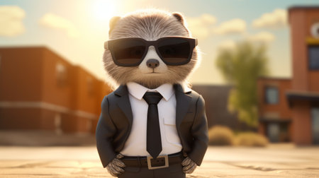 a beaver dressed in a black and white suit, complete with a tie, sunglasses, and polished shoes, exudes the aura of an epic ceo boss. the photorealistic style captures the beaver in a walking position, showcasing its cute yet boss-like appearance. the image is enhanced by a depth of field effect, cinematic lighting, and ultra hd resolution, making it a stunning 32k masterpiece. ai generatedの素材