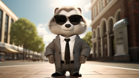 a beaver dressed in a black and white suit, complete with a tie, sunglasses, and polished shoes, exuding the aura of an epic ceo boss. this photorealistic image captures the beaver in a walking position, showcasing its cute yet boss-like style. the depth of field, cinematic lighting, and ultra hd resolution of this 32k photograph enhance its visual impact. ai generatedの素材
