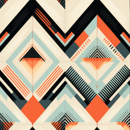 a photo of a striped geometric pattern in black and orange, featuring detailed and layered compositions. the composition showcases light cyan and orange hues, with angular shapes and patterns. the overall effect is a majestic and visually striking composition, characterized by repetition, sharp angles, and intricate geometric designs. ai generatedの素材