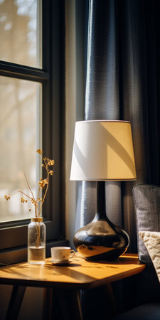 a minimalistic japanese-style lamp sits on a denim table next to a window, creating a whimsical ambiance. the black and beige color scheme adds to the minimalist still life composition. this photograph, captured by an interior design photographer using a canon eos r5, showcases a lot of detail in the objects. with a touch of film grain and a cinemotographic feel, it brings a subtleの素材