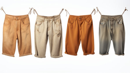 summer cropped trousers featuring distressed and weathered surfaces. available in light orange, dark beige, dark yellow, and light indigo. these stylish trousers are inspired by the works of terry o'neill and mike campau. perfect for multiple styles, they are showcased against a clean white background. ai generatedの素材