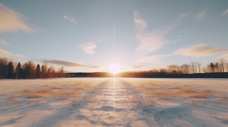 a 3d rendering of a frozen area with the sun setting, featuring an anamorphic lens flare. this pastoral landscape showcases minimalistic symmetry and incorporates elements such as ogham scripts. inspired by the works of gabriel isak and isaac levitan, this stunning image is presented in 8k resolution. ai generatedの素材