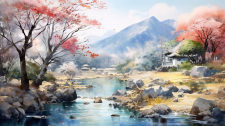 a stunning manga-style painting capturing a serene river and mountain landscape adorned with trees. this artwork showcases traditional japanese artistic techniques, utilizing vibrant colors like light aquamarine and red. the detailed brushwork and realistic watercolors bring this 32k uhd image to life, creating a captivating cabincore aesthetic. ai generatedの素材