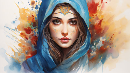 a watercolor portrait of a woman, showcasing the artist's skill in creating realistic fantasy artwork. this girl image is painted using digital art techniques, resulting in a mesmerizing blend of blue and amber tones. the orientalist scenes and futuristic fantasy elements add a touch of uniqueness to this fantastic realism piece, with a hint of byzantine-inspired aesthetics. ai generatedの素材