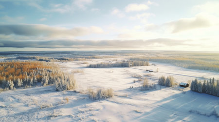 an aerial view of a winter landscape, showcasing a serene snowy scene reminiscent of poetic pastoral paintings. bathed in a warm golden light, the image captures the ethereal beauty of light white and light azure hues. this matte photograph, shot in 32k uhd, evokes a sense of tranquility and offers a glimpse into the idyllic rural life. a captivating national geographic photo. ai generatedの素材