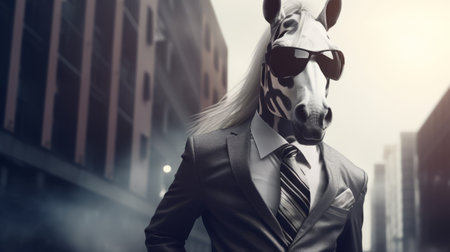 a horse dressed in a black and white suit, complete with a tie, sunglasses, and polished shoes. this photorealistic image captures the horse in a walking position, exuding a cute-meets-boss style. the depth of field, cinematic lighting, and ultra hd resolution of this 32k photo enhance its visual impact. ai generatedの素材