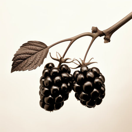 two blackberries, accompanied by leafs, are showcased on a white background in this vintage-inspired sepia-toned photograph. the bold graphic illustrations, rendered in unreal engine, create a monochromatic harmony reminiscent of victorian-inspired illustrations. the use of a graflex speed graphic camera adds to the organic sculpting of the composition. ai generatedの素材