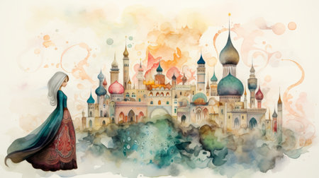 a watercolor painting featuring a girl standing in front of a castle and a fire, inspired by islamic art and architecture. the artwork showcases a psychedelic color palette with shades of beige and aquamarine, creating dreamlike installations. it also incorporates elements of thai art and dazzling cityscapes, evoking a sense of religious buildings. ai generatedの素材