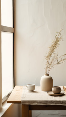 a minimalistic japanese-style door on a hemp table is captured next to a window in this photograph. the black and beige color scheme creates a sparse and simple yet whimsical ambiance. the image, taken by an interior design photographer using a canon eos r5, showcases a lot of detail in the objects. with a touch of film grain and a cinemotographic feel, this 32k uhdの素材