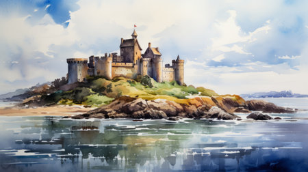a high-quality stock photo featuring a watercolor art of a seaport castle by the seawaters in the scenic waterscape of savoy bay. this artwork is done in the style of scottish landscapes, reminiscent of artists like martin ansin, nicholas hely hutchinson, and brent heighton. the photo captures impressive panoramas and showcases the skill of speedpainting. ai generatedの素材