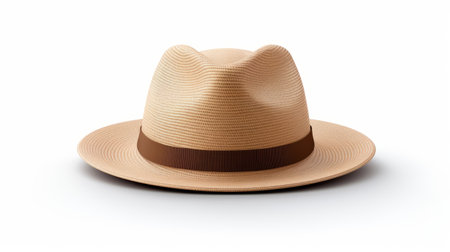 a tan hat, reminiscent of hiroshi nagai's style, is placed on a serene white background. the image evokes the tranquil ambiance of the southern countryside. captured with a c-mount lens, the photograph showcases the exacting precision of the composition. the influence of robert antoine pinchon and aquirax uno can be seen in this captivating image. ai generatedの素材