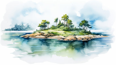 an illustration of a vibrant island surrounded by water and adorned with lush trees. this artwork is created in the style of colorful ink wash paintings, incorporating the unique effects of tilt-shift lenses. the talented artist behind this piece is svetlin velinov, known for his dynamic sketching techniques. the illustration captures the beauty of coastal and harbor views, reminiscent of a watercolorist's touch. this artworkの素材