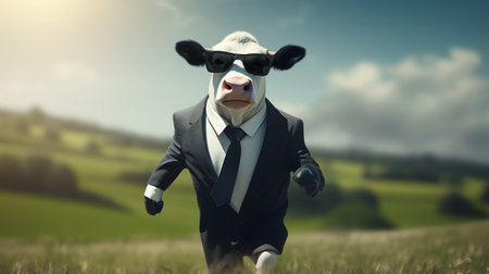 a cow dressed in a black and white suit, complete with a tie, sunglasses, and polished shoes. this photorealistic image captures the cow in a walking position, exuding a cute-meets-boss style. the depth of field, cinematic lighting, and ultra hd resolution of this 32k photo make it truly remarkable. ai generatedの素材