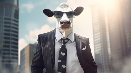 a cow dressed in a black and white suit, complete with a tie, sunglasses, and polished shoes. this photorealistic image captures the cow in a walking position, exuding a cute-meets-boss style. the depth of field, cinematic lighting, and ultra hd quality make this 32k photo truly remarkable. ai generatedの素材