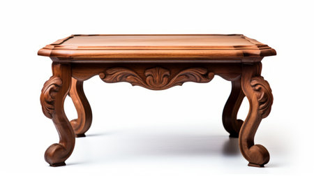a carved table with an ornate top, featuring soft edges and blurred details. this 8k resolution, high dynamic range (hdr), uhd image showcases the artistic craftsmanship of andrew hem and dmitry spiros. the table stands elegantly against a white background, adding a touch of sophistication to any space. ai generatedの素材