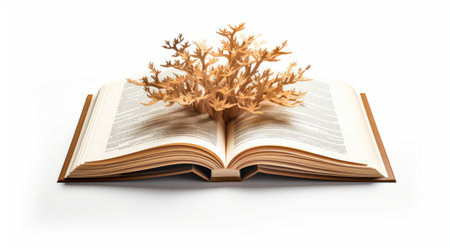 a tree on an open book is captured in this royalty-free stock photograph. the image showcases a biomorphic sculpture style, with a historical reimagining touch. it is available under the creative commons attribution license. the uhd image features a light orange and light brown color palette, highlighting the detailed and intricate compositions. ai generatedの素材