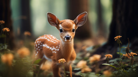 a baby deer stands on the ground, overlooking the forest in this cute and dreamy photo. captured in the style of meticulous photorealistic still lifes, the image showcases an elegant and emotive face. with the use of neo-impressionist techniques, the photo is both cute and colorful. this creative commons attribution image was taken with an iso of 200. ai generatedの素材