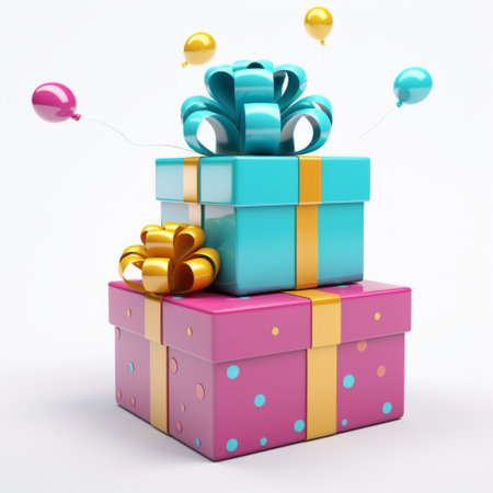 a bright and colorful gift with balloons, featuring realistic and hyper-detailed renderings. the vibrant light cyan and pink colors create a visually stunning effect. this stunning image was created using octane render and can be found on flickr. the gift is beautifully adorned with piles of balloons in light purple and gold, adding an elegant touch. the overall composition is skillfully sculpted. ai generatedの素材