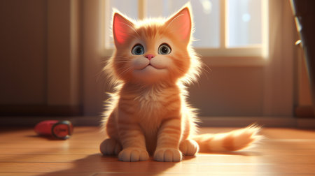 an orange cat sitting on a floor in a photorealistic style of disney animation. the cat's fur is a combination of light red and light amber, creating a cute and cartoonish design. this stunning image showcases the beauty of the cat with the use of vray tracing. ai generatedの素材