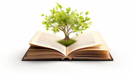 green tree illustration on an open book, showcasing organic material style. this national geographic photo captures the essence of functionality with its emphasis on eco-friendly craftsmanship. the image, in 3840x2160 resolution, is found-object-centric, making it a unique and visually appealing piece. ai generatedの素材