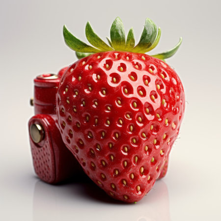 a digitally blown-up photo of a realistic strawberry concept captured by dr. mr. jeff blake in the style of zeiss batis 18mm f2.8 rangefinder lens. the image showcases the vibrant colors and intricate details of the strawberry, symbolizing freshness and natural beauty. shot with a pentax espio mini, thermal camera, and fujifilm x-t4, this photo captures the essence of this symbolic fruit. ai generatedの素材