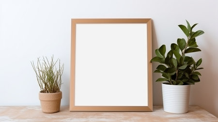 a blank frame sits on a table alongside a potted plant, creating a visually striking composition. this fake photo, resembling light brown precisionist art, features simplistic vector art with minimalist backgrounds. the image evokes the style of large canvas paintings and is reminiscent of hayao miyazaki's work, with a touch of synthetism-inspired aesthetics. ai generatedの素材