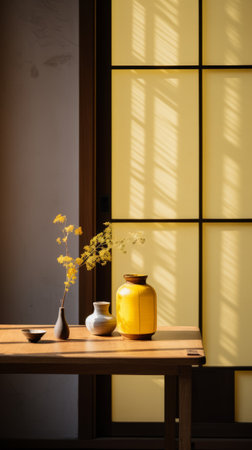 a minimalistic japanese-style door on a hemp table is captured next to a window in this photograph. the black and yellow color scheme creates a whimsical ambiance, while the sparse and simple composition adds a subtle charm. the image, taken by an interior design photographer using a canon eos r5, showcases a lot of detail in the objects. with a touch of film grain andの素材