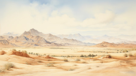 a stunning aerial view captures a mountain range stretching into the distance, as seen from behind a sandy desert. this photorealistic painting, inspired by the dansaekhwa style, showcases the beauty of california plein air landscapes. the atmospheric watercolours bring a classical and historical touch to this genre scene, creating a captivating visual experience. ai generatedの素材