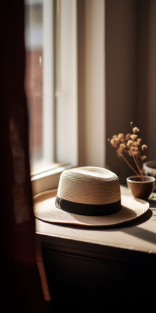 a hat sits on a flannel table next to a window, embodying the minimalistic japanese style. the black and beige color scheme creates a whimsical ambiance, while the sparse and simple composition adds a subtle touch. this folk-inspired still life, captured by an interior design photographer using a canon eos r5, showcases intricate details and a film grain texture, resulting in a cinemotographic feel. enjoyの素材