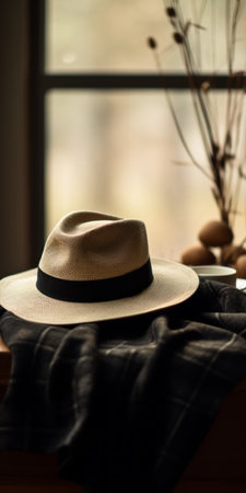 a minimalistic japanese-style hat sits on a flannel table next to a window. the black and beige color scheme creates a whimsical ambiance in this minimalist still life. the composition is sparse and simple, with subtle, folk-inspired details. this photograph, captured by an interior design photographer using a canon eos r5, showcases the intricate details of the objects. the film grain and cinemotographic quality addの素材