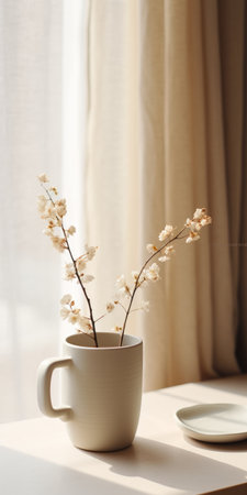 a cup on a chiffon table next to a window, in the style of minimalistic japanese. this minimalist still life captures a whimsical ambiance with its black and beige color palette. the photograph, taken by an interior design photographer using a canon eos r5, showcases a lot of detail in the objects. with a subtle and sparse composition, it exudes a whimsical folk-inspired vibe. theの素材