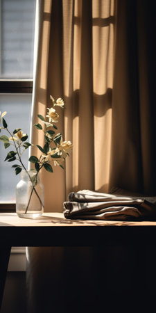 a pair of black and beige pants is placed on a minimalist japanese-style denim table next to a window. the still life composition exudes a whimsical ambiance with its sparse and simple design. the photograph, captured by an interior design photographer using a canon eos r5, showcases intricate details of the objects. the image has a very real and cinemotographic feel, enhanced by film grain,の素材