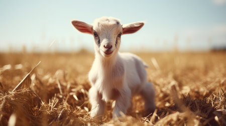 a small white goat stands in a sunlit field, creating a dreamy and cute scene. the photobashing technique used in this image adds a pop-culture-infused touch, reminiscent of the popular babycore aesthetic. this captivating photograph, created by the talented artist thechamba, has won a contest and has become an iconic representation of its genre. ai generatedの素材