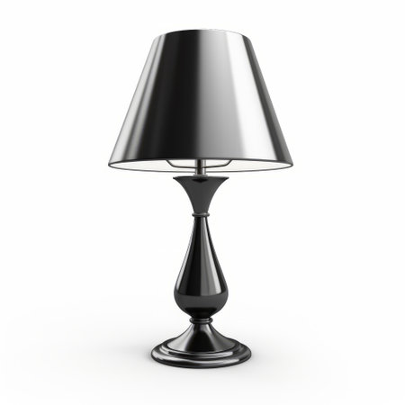a black lamp with a high dynamic range style is placed on a white surface. the lamp features a dark silver and silver color combination, creating a highly realistic and luminous shadowing effect. its smooth and shiny appearance adds to its ominous and romantic chiaroscuro ambiance. ai generatedの素材
