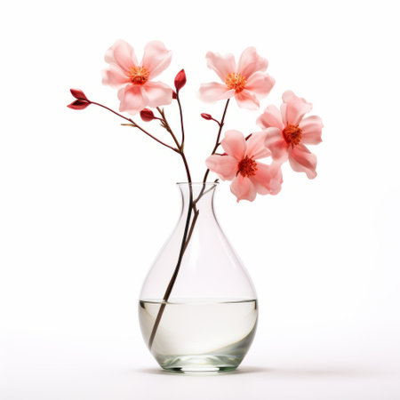 a clear vase with pink flowers rests on a white surface, capturing the essence of japanese photography. the translucent water adds a touch of elegance to the composition. this image, taken by john wilhelm using fujifilm natura 1600, showcases an asian-inspired aesthetic with its simplified yet captivating arrangement of light red and light azure hues. ai generatedの素材