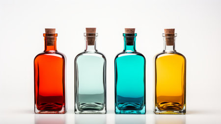 a line of colorful glass bottles, inspired by alchemical symbolism, is showcased on a white background. this captivating photo by john walker features saturated color fields, with shades of dark turquoise and light red. the composition beautifully merges mexican and american cultures, while also evoking the allure of absinthe culture. the bottles stand out against the light gray backdrop, exuding an enchanting ambiance with theirの素材