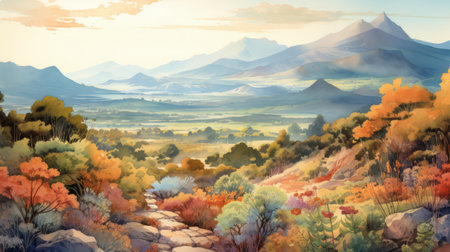 the photo showcases the hrv (nexos valley) in autumn, featuring vibrant illustrations, atmospheric color washes, and realistic, detailed rendering. the composition mastery is evident through the use of colorful washes and the depiction of monumental vistas, capturing the essence of prairiecore. ai generatedの素材