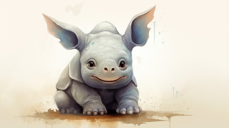 a cute illustration of a rhino and its teddy, created in the style of speedpainting. the artwork features subtle shading and shiny eyes, with influences from zbrush, mori kei, and indonesian art. the color palette includes a combination of dark white and light azure tones. ai generatedの素材