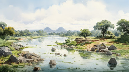 a digital painting showcasing a scenic river surrounded by lush trees, reminiscent of the traditional landscapes found in the kushan empire. this uhd image captures the essence of the zaire school of popular painting, with its vibrant colors and primitive structures. created by the talented artist miwa komatsu, this artwork beautifully merges nature and cultural influences. ai generatedの素材